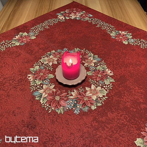 Christmas tapestry tablecloths and scarves CHRISTMAS ROSES - HOLLY WREATH RED