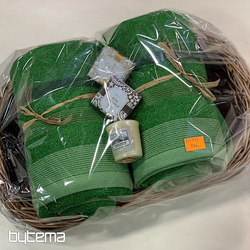 Gift set of towels in a wicker tray wrapped in cellophane - green