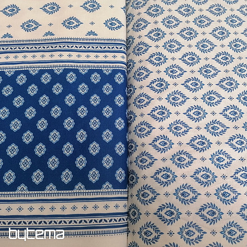 Cotton fabric FOLK BLUE LEAVES
