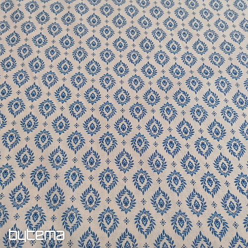 Cotton fabric FOLK BLUE LEAVES