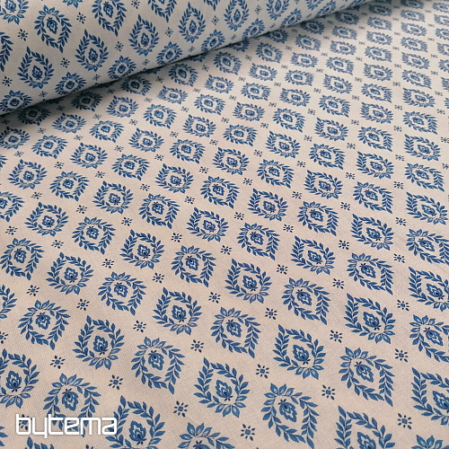 Cotton fabric FOLK BLUE LEAVES