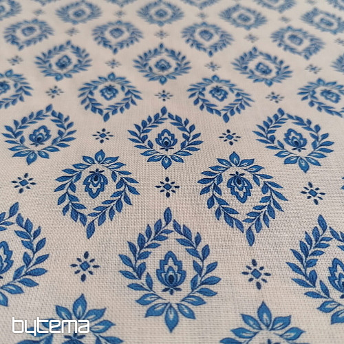 Cotton fabric FOLK BLUE LEAVES