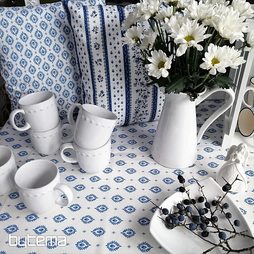 Cotton fabric FOLK BLUE LEAVES