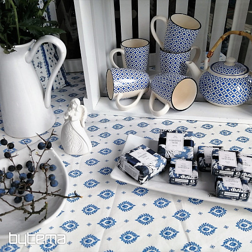 Cotton fabric FOLK BLUE LEAVES