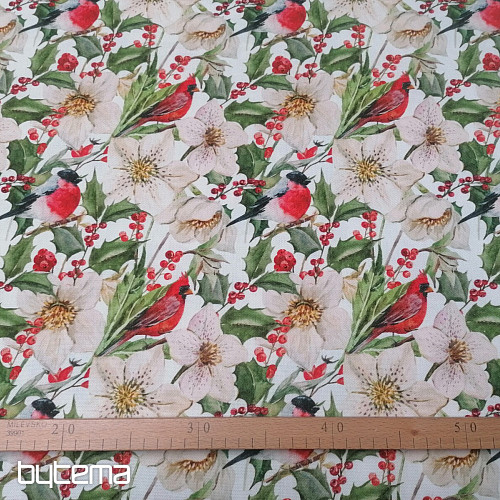 Christmas decorative fabric Holly with birds