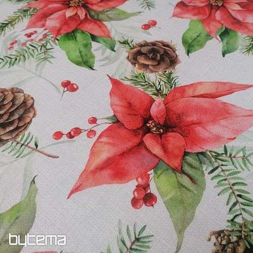 Christmas decorative fabric Poinsettia and pine cones