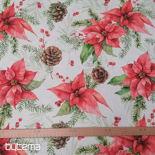 Christmas decorative fabric Poinsettia and pine cones