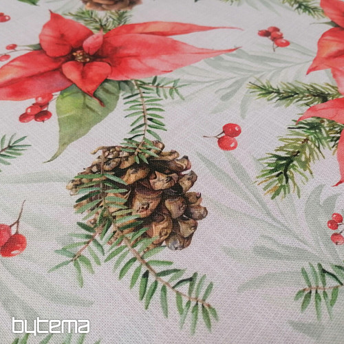 Christmas decorative fabric Poinsettia and pine cones