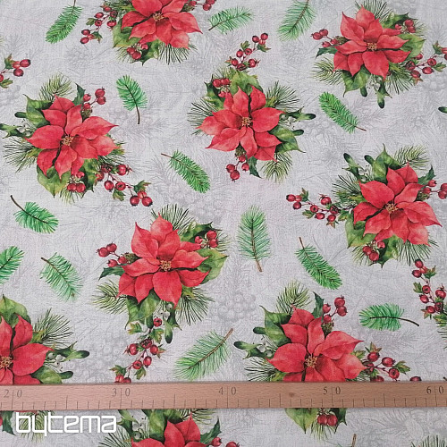 Christmas decorative fabric Christmas roses and needles