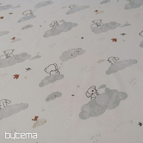 Cotton fabric Animals on a cloud - white