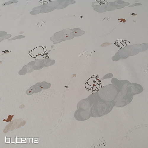 Cotton fabric Animals on a cloud - white