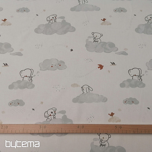 Cotton fabric Animals on a cloud - white