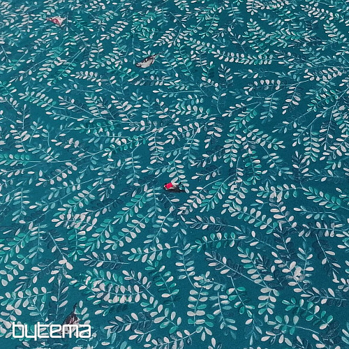 Cotton fabric Twigs with birds turquoise