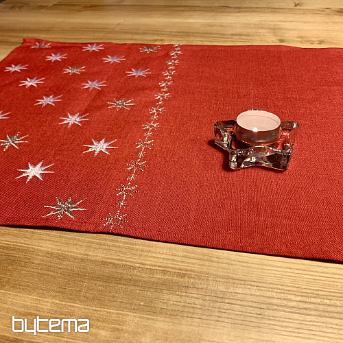 Red embroidered Christmas tablecloth with stars