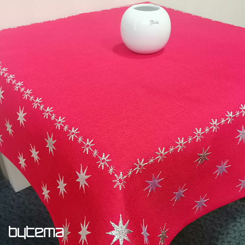 Red embroidered Christmas tablecloth with stars