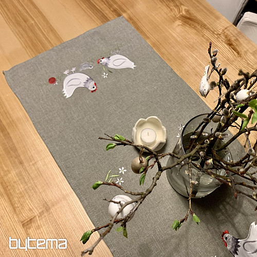 Embroidered Easter tablecloth and scarves ROOSTER and HEN gray