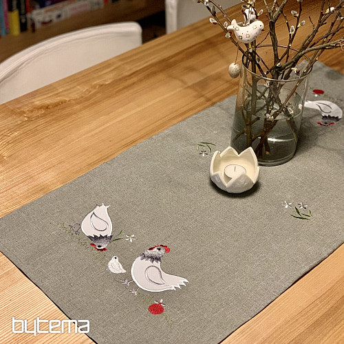 Embroidered Easter tablecloth and scarves ROOSTER and HEN gray