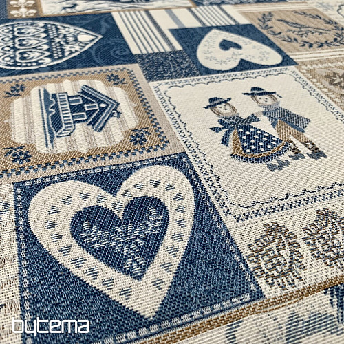 Decorative jacquard fabric PATCHWORK HEARTS BLUE