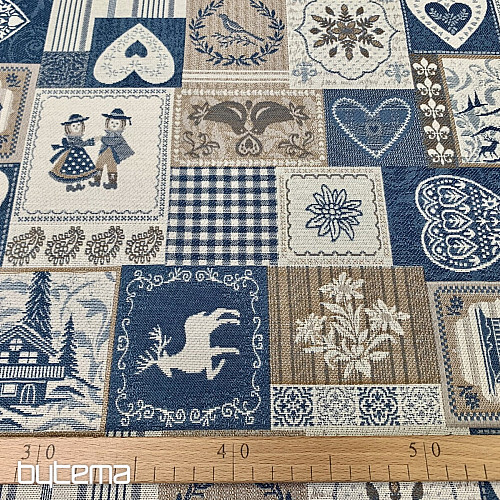 Decorative jacquard fabric PATCHWORK HEARTS BLUE