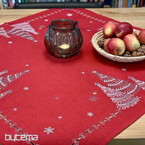 Embroidered Christmas tablecloth and scarves RED TREES
