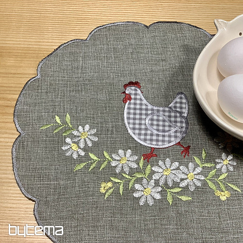 Embroidered Easter tablecloth and scarf HEN AND FLOWERS gray