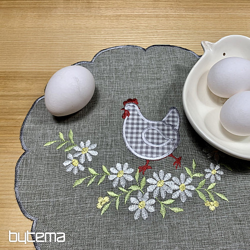 Embroidered Easter tablecloth and scarf HEN AND FLOWERS gray