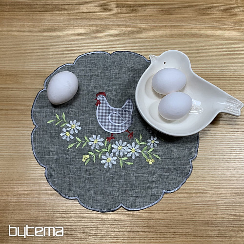 Embroidered Easter tablecloth and scarf HEN AND FLOWERS gray