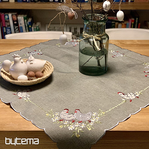 Embroidered Easter tablecloth and scarf HEN AND FLOWERS gray