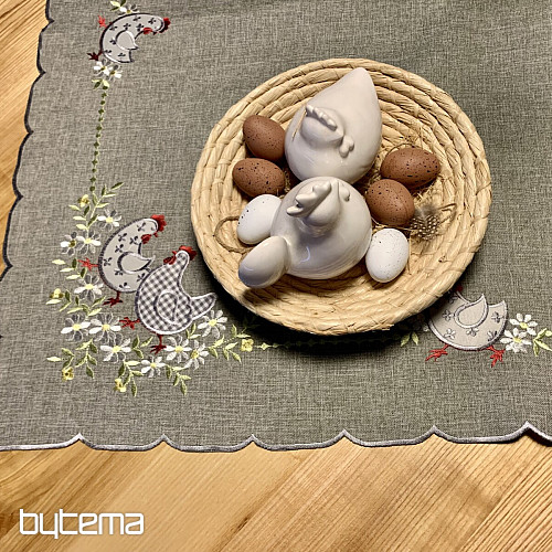 Embroidered Easter tablecloth and scarf HEN AND FLOWERS gray