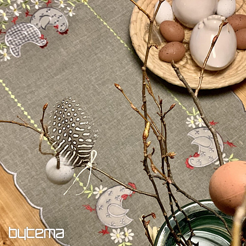 Embroidered Easter tablecloth and scarf HEN AND FLOWERS gray