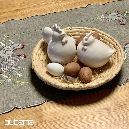 Embroidered Easter tablecloth and scarf HEN AND FLOWERS gray