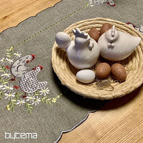 Embroidered Easter tablecloth and scarf HEN AND FLOWERS gray
