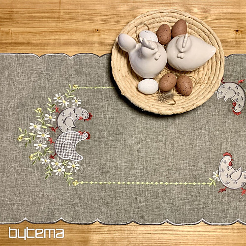 Embroidered Easter tablecloth and scarf HEN AND FLOWERS gray
