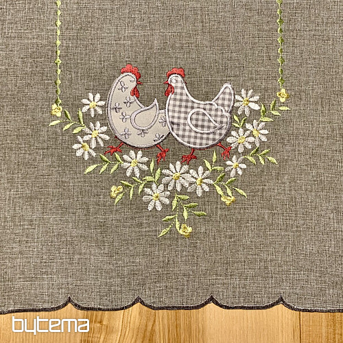 Embroidered Easter tablecloth and scarf HEN AND FLOWERS gray