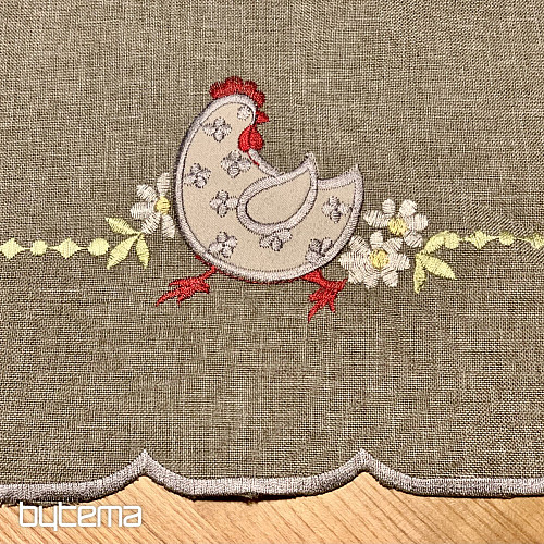 Embroidered Easter tablecloth and scarf HEN AND FLOWERS gray