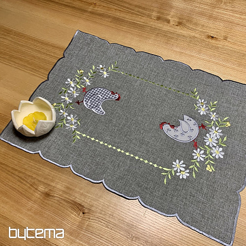 Embroidered Easter tablecloth and scarf HEN AND FLOWERS gray