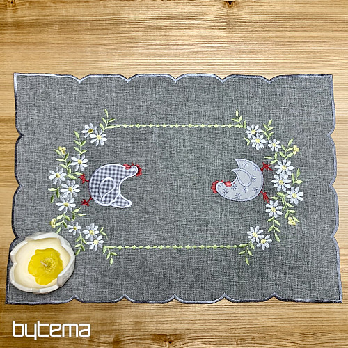 Embroidered Easter tablecloth and scarf HEN AND FLOWERS gray