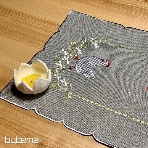 Embroidered Easter tablecloth and scarf HEN AND FLOWERS gray