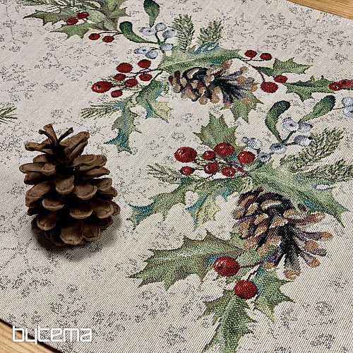 Tapestry tablecloth, shawl and table setting PINE and MISTLETTE