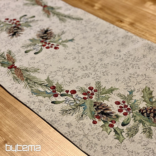 Tapestry tablecloth, shawl and table setting PINE and MISTLETTE