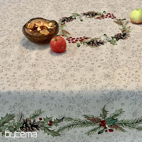 Tapestry tablecloth, shawl and table setting PINE and MISTLETTE