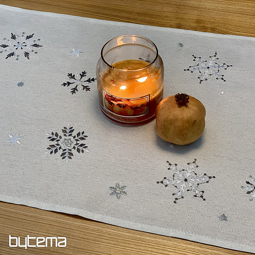 Embroidered Christmas tablecloth and scarf GRAY WHITE FLAKE