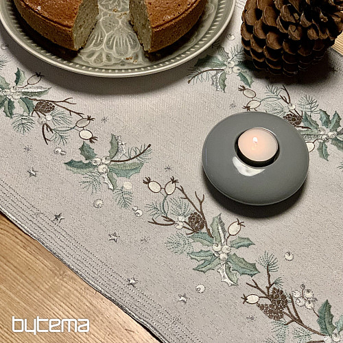 Embroidered Christmas tablecloth and scarf NEEDLES AND CONES