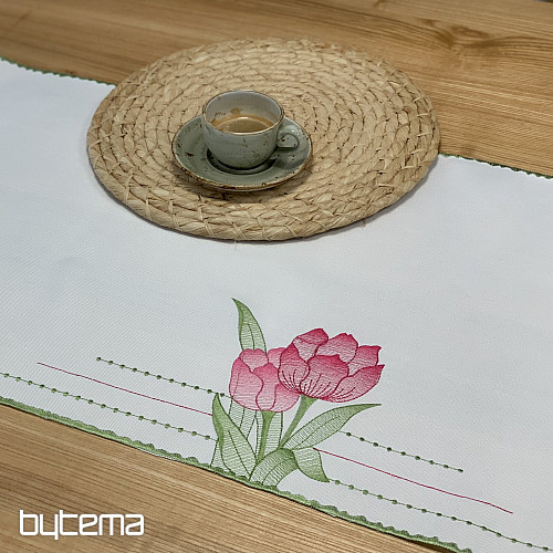 Embroidered tablecloth and scarf Pink tulips