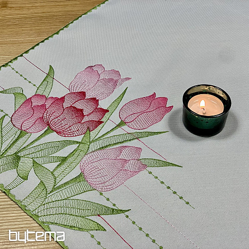 Embroidered tablecloth and scarf Pink tulips