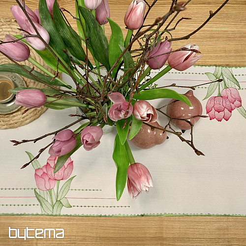 Embroidered tablecloth and scarf Pink tulips