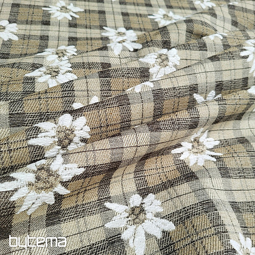 Luxurious decorative fabric FLOWERS AND CHECKERS light brown