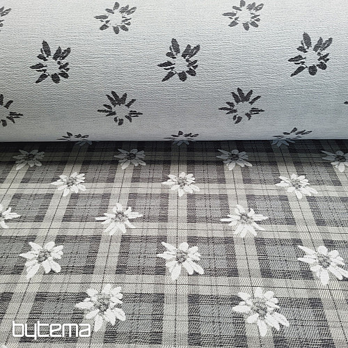 Luxurious decorative fabric FLOWERS AND CHECKERS grey