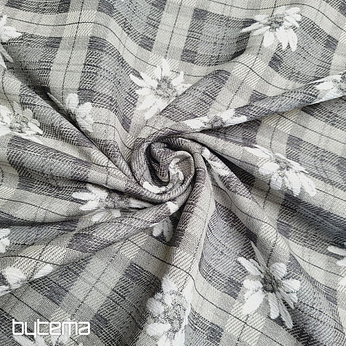 Luxurious decorative fabric FLOWERS AND CHECKERS grey