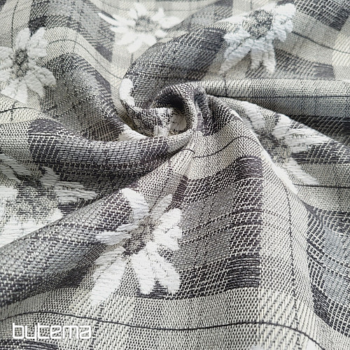 Luxurious decorative fabric FLOWERS AND CHECKERS grey
